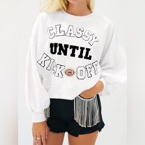 CLASSY UNTIL KICKOFF Plush Letter Patched Loose Sweatshirt 10010049214